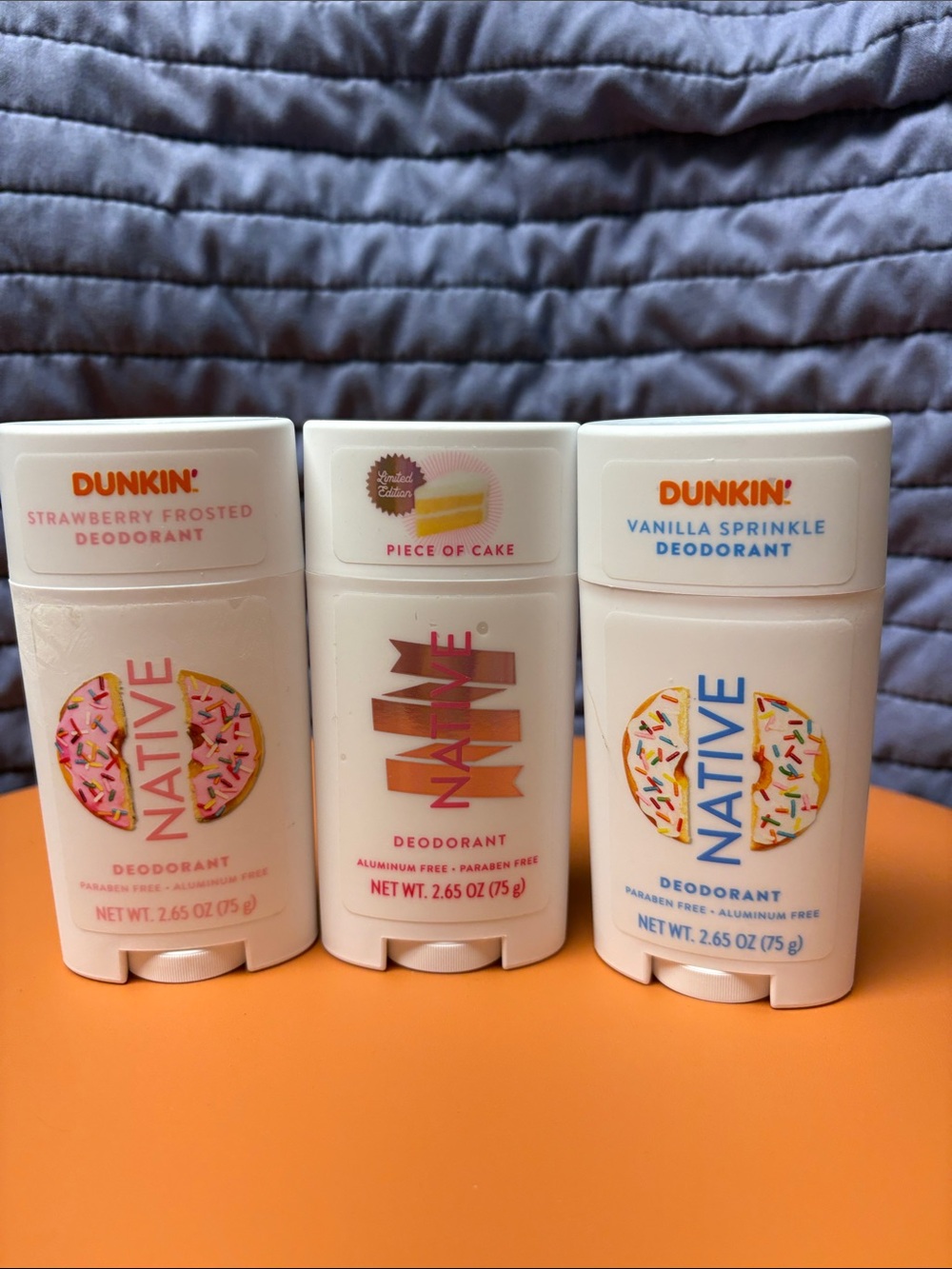 Native x Dunkin' Deodorant Trio — White with Pink, Orange, Blue Accents